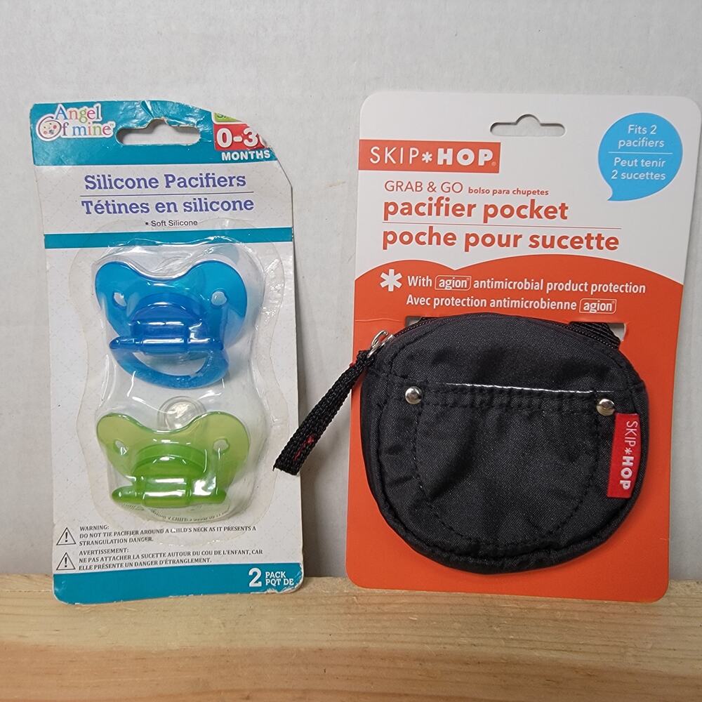 3 Pc: Skip Hop Pacifier Pocket and 2 Angel Of Mine Silicone Pacifiers 0-3m NEW